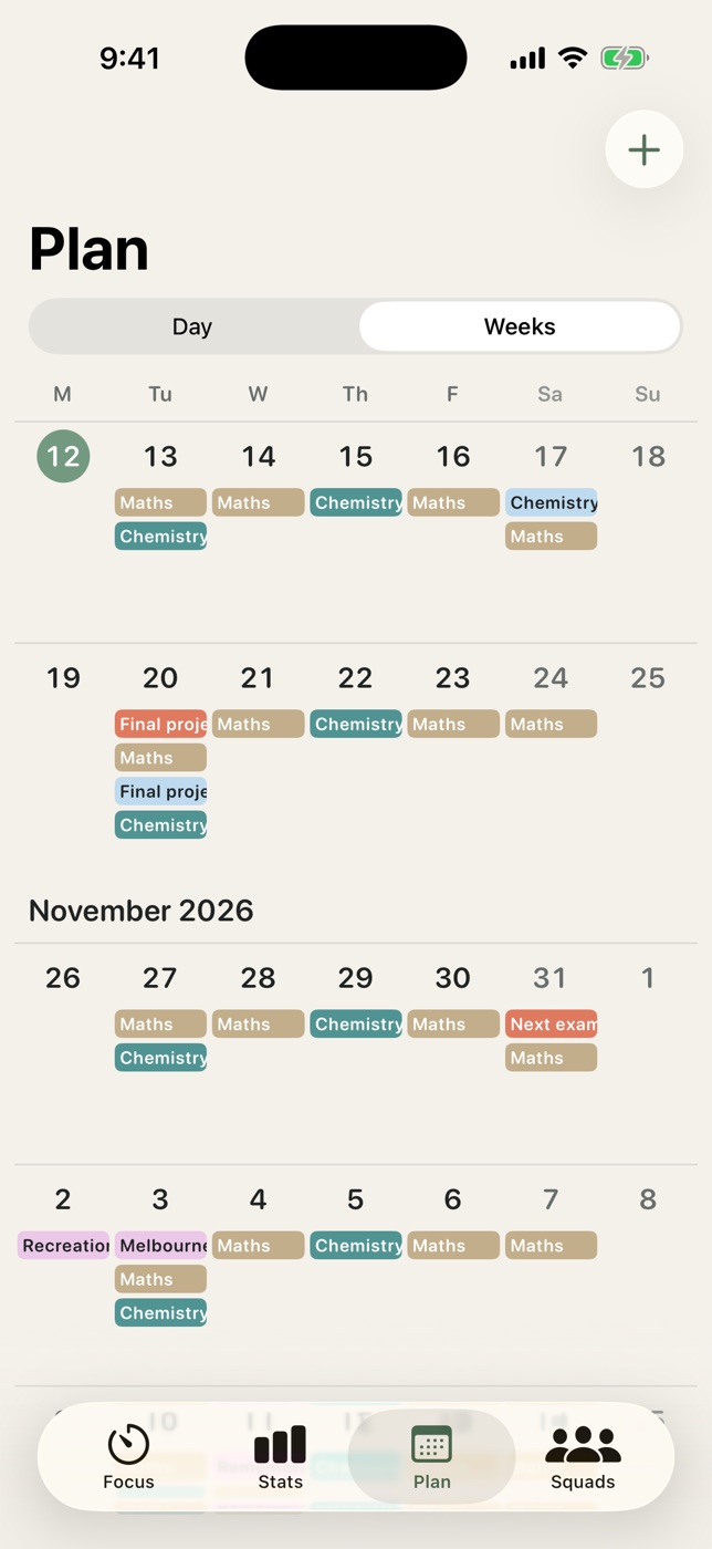 A multi-week calendar with study blocks, an exam and an assignment